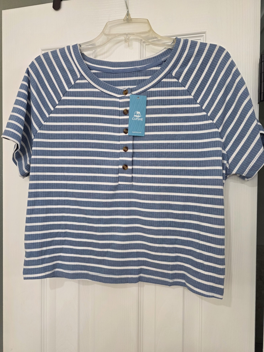 Cupshe Blue & White Striped Henley Tee